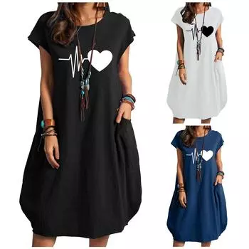 Женское свободное платье с карманами из хлопка и льна с принтом электрической волны большого размера XL чёрный