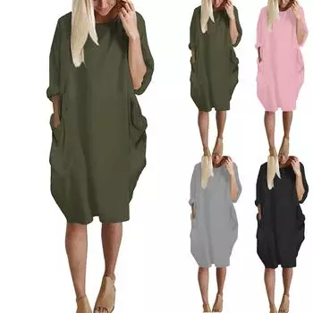 Женское свободное платье с карманами, женское повседневное платье с длинными рукавами, большие размеры L розовый