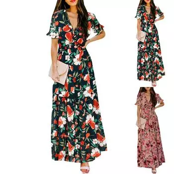 Женское свободное платье с короткими рукавами и v-образным вырезом с цветочным принтом и тонкой талией XL чёрный