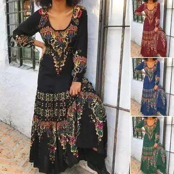 Женское свободное платье с круглым вырезом, винтажное повседневное платье макси с длинным рукавом и принтом, элегантное женское пляжное платье, богемное вечерние клубное платье 3XL армия зеленый