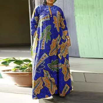 Женское свободное платье с круглым вырезом и рукавами 3/4 с цветочным принтом и пуговицами больших размеров 3XL зелёный