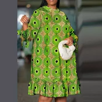 Женское свободное платье с круглым вырезом и рукавами 3/4 больших размеров с принтом M зелёный