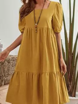 Женское свободное платье с квадратным вырезом и половиной рукавов, праздничное платье трапециевидной формы S синий