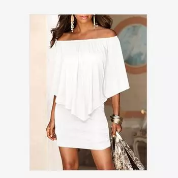 Женское свободное платье с открытыми плечами Летняя короткая юбка с короткими рукавами и кисточками S белый