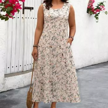 Женское свободное платье с принтом без рукавов и карманом-халтером, длинное платье 1XL абрикосовый