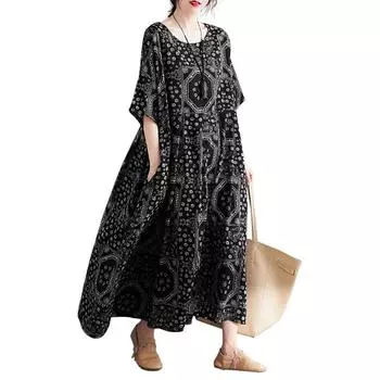 Женское свободное платье с принтом O-образного выреза и карманом в винтажном стиле с карманами на рукавах и карманами One Size