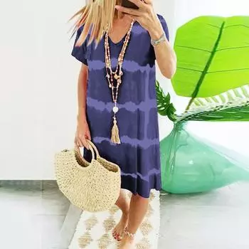 Женское свободное платье с V-образным вырезом, окрашенное в галстук с короткими рукавами, Повседневное, пляжное L
