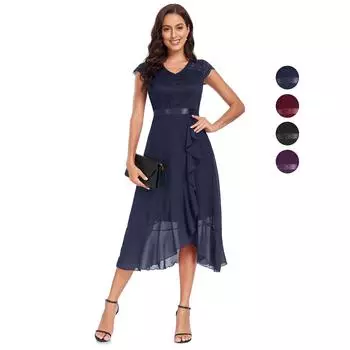 Женское свободное платье с v-образным вырезом и кружевным топом Нерегулярная шифоновая юбка с рюшами Миди для выпускного вечера Платья для торжественных случаев для вечеринки, свадьбы, вечернего коктейля S темно-синий