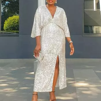 Женское свободное платье с V-образным вырезом и разрезом из пайеток, размер плюс S шампанского