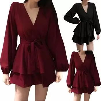 Женское свободное платье с завышенной талией, V-образным вырезом и длинными рукавами, однотонная юбка трапециевидной формы L чёрный