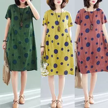 Женское свободное платье средней длины с короткими рукавами в стиле ретро в горошек из хлопка и льна M коричневый