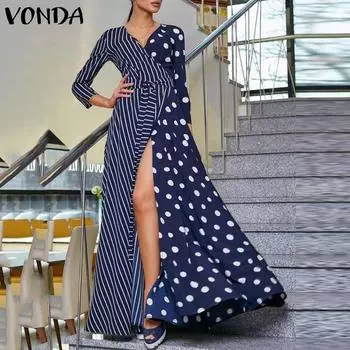 Женское свободное платье в полоску с v-образным вырезом и рукавами 3/4, поясом и разрезом в полоску в горошек