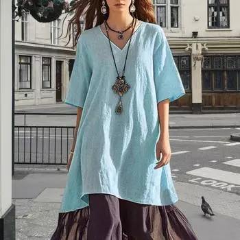 Женское свободное платье в стиле бохо-пэчворк с V-образным вырезом и коротким рукавом, летнее пляжное платье для отдыха S светло-синий