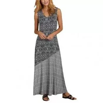 Женское свободное платье, винтажное платье без рукавов с геометрическим принтом и V-образным вырезом S чёрный