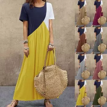 Женское свободное пляжное платье с круглым вырезом, летние платья, длинное платье с коротким рукавом S хаки