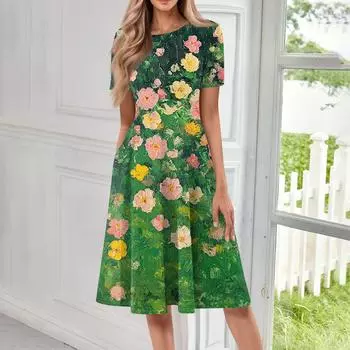 Женское свободное повседневное и модное платье с круглым вырезом и короткими рукавами, средней длины с принтом L армия зеленый