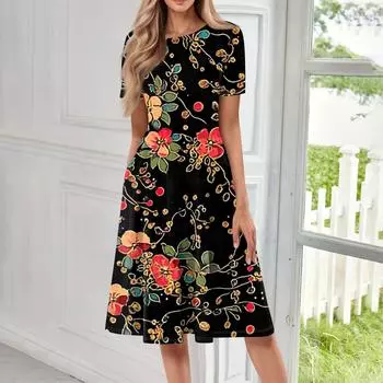 Женское свободное повседневное и модное платье с круглым вырезом и короткими рукавами, средней длины с принтом L чёрный
