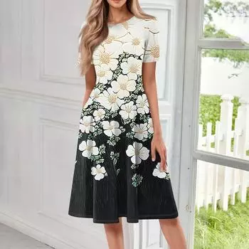 Женское свободное повседневное и модное платье с круглым вырезом и короткими рукавами, средней длины с принтом L чёрный
