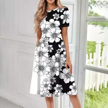 Женское свободное повседневное и модное платье с круглым вырезом и короткими рукавами, средней длины с принтом L чёрный