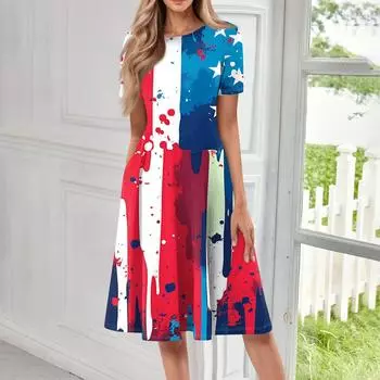 Женское свободное повседневное и модное платье с круглым вырезом и короткими рукавами, средней длины с принтом L синий