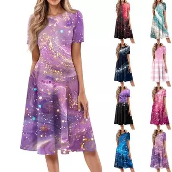 Женское свободное повседневное и модное платье с круглым вырезом и короткими рукавами, средней длины с принтом L синий