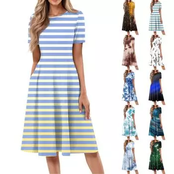 Женское свободное повседневное и модное платье с круглым вырезом и короткими рукавами, средней длины с принтом L армия зеленый