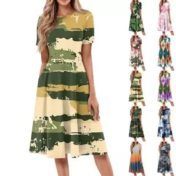 Женское свободное повседневное и модное платье с круглым вырезом и короткими рукавами, средней длины с принтом L армия зеленый