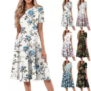 Женское свободное повседневное и модное платье с круглым вырезом и короткими рукавами, средней длины с принтом L чёрный