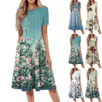 Женское свободное повседневное и модное платье с круглым вырезом и короткими рукавами, средней длины с принтом L синий