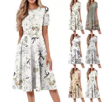Женское свободное повседневное и модное платье с круглым вырезом и короткими рукавами, средней длины с принтом L