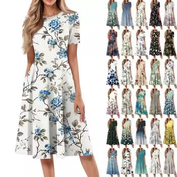 Женское свободное повседневное и модное платье с круглым вырезом и короткими рукавами, средней длины с принтом L чёрный