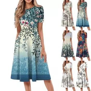 Женское свободное повседневное и модное платье с круглым вырезом и короткими рукавами, средней длины с принтом L бежевый