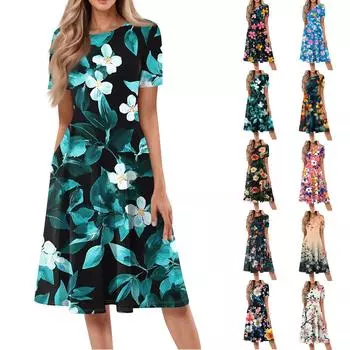 Женское свободное повседневное и модное платье с круглым вырезом и короткими рукавами, средней длины с принтом L циан