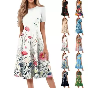 Женское свободное повседневное и модное платье с круглым вырезом и короткими рукавами, средней длины с принтом XXXL