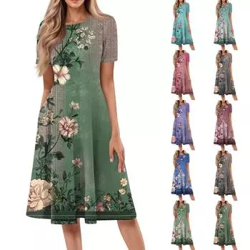 Женское свободное повседневное и модное платье с круглым вырезом и короткими рукавами, средней длины с принтом XXL синий