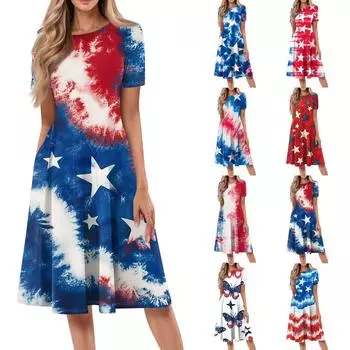 Женское свободное повседневное и модное платье с круглым вырезом и короткими рукавами, средней длины с принтом XXL белый