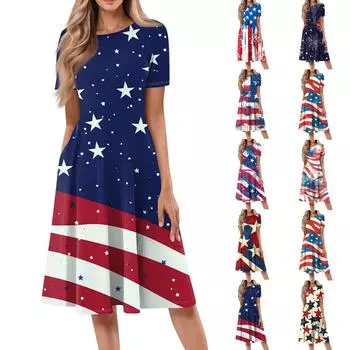 Женское свободное повседневное и модное платье с круглым вырезом и короткими рукавами, средней длины с принтом XXL синий