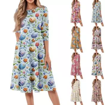 Женское свободное повседневное и модное платье средней длины с круглым вырезом и рукавами семь четвертей XXL синий