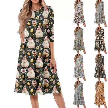 Женское свободное повседневное и модное платье средней длины с круглым вырезом и рукавами семь четвертей XL