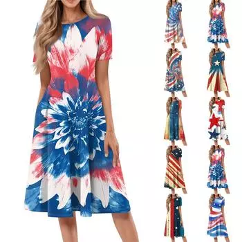 Женское свободное повседневное и модное платье с круглым вырезом и короткими рукавами, средней длины с принтом XXL синий