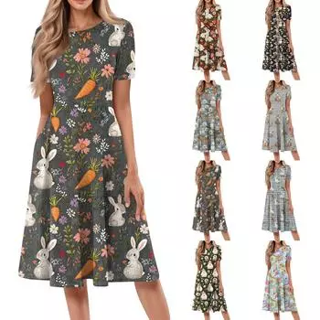 Женское свободное повседневное и модное платье с круглым вырезом и короткими рукавами, средней длины с принтом XL