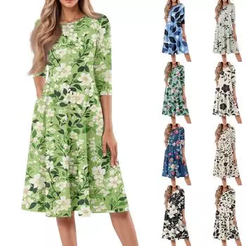 Женское свободное повседневное и модное платье средней длины с круглым вырезом и рукавами семь четвертей M хаки