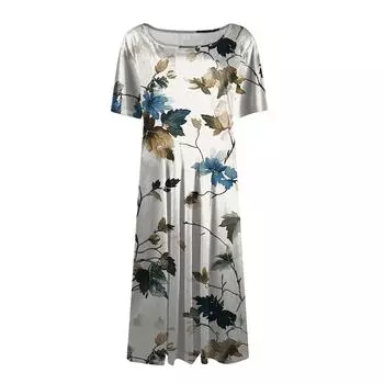 Женское свободное повседневное и модное платье с круглым вырезом и короткими рукавами, средней длины с принтом S темно-зеленого