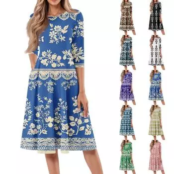 Женское свободное повседневное и модное платье средней длины с круглым вырезом и рукавами семь четвертей L синий