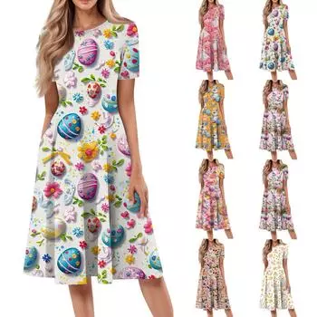 Женское свободное повседневное и модное платье с круглым вырезом и короткими рукавами, средней длины с принтом XL оранжевый