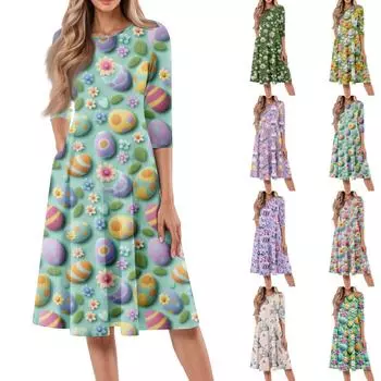 Женское свободное повседневное и модное платье средней длины с круглым вырезом и рукавами семь четвертей XXL