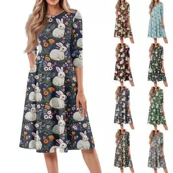 Женское свободное повседневное и модное платье средней длины с круглым вырезом и рукавами семь четвертей L