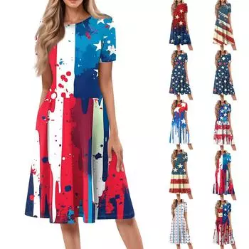 Женское свободное повседневное и модное платье с круглым вырезом и короткими рукавами, средней длины с принтом L синий