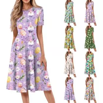 Женское свободное повседневное и модное платье с круглым вырезом и короткими рукавами, средней длины с принтом L