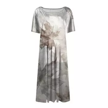 Женское свободное повседневное и модное платье с круглым вырезом и короткими рукавами, средней длины с принтом S темно-зеленого